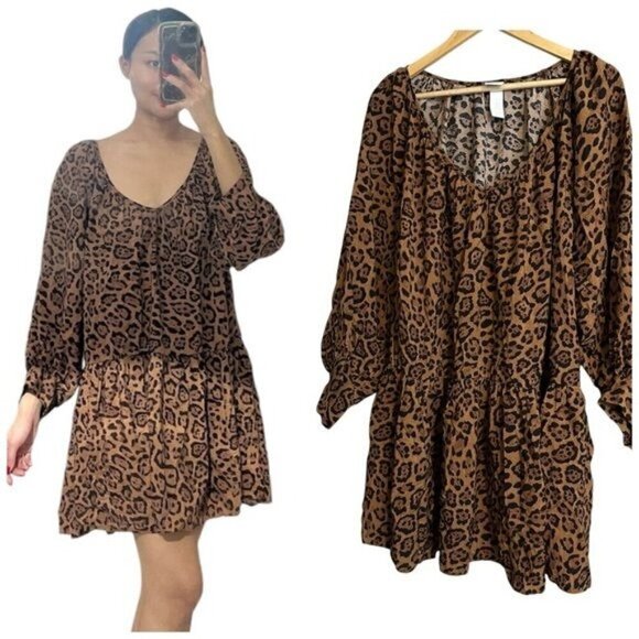 H&M Leopard Print Puff Sleeve V-NeckDrop Waist Dress Size Medium - Picture 1 of 12
